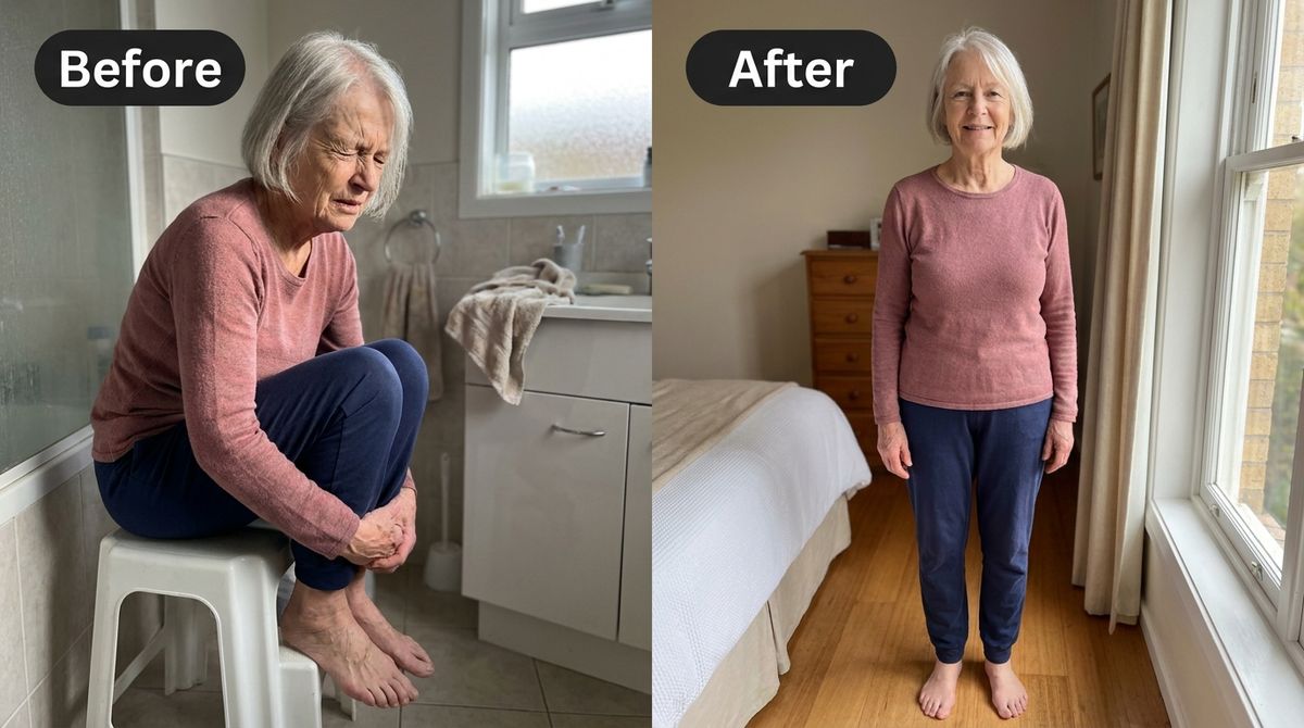 A single WIDE HORIZONTAL 16:9 before-and-after image split by one clean vertical divider line down the exact centre, bot