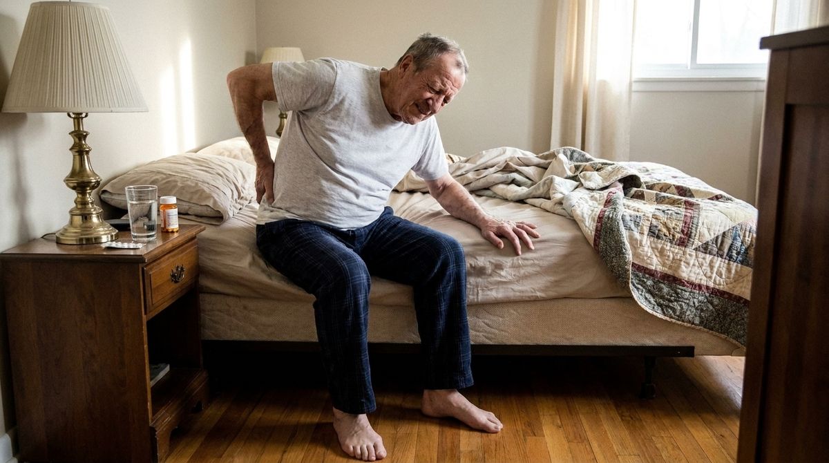 let's show the older man in pain at the edge of his bed instead