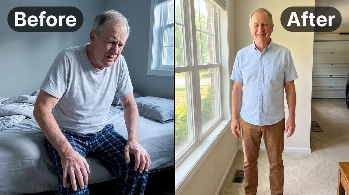 A WIDE HORIZONTAL 16:9 before-and-after image split by ONE clean vertical divider line down the middle, showing the SAME