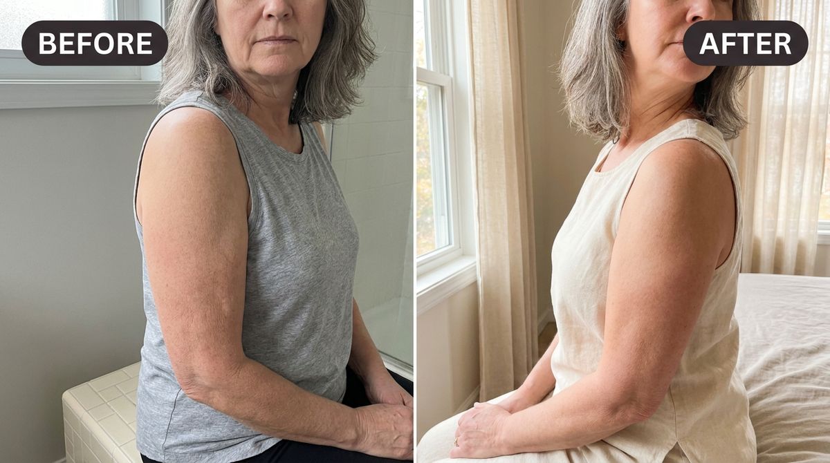 WIDE HORIZONTAL 16:9 composition split by ONE clean vertical line into two halves, a before/after of the SAME woman. Can