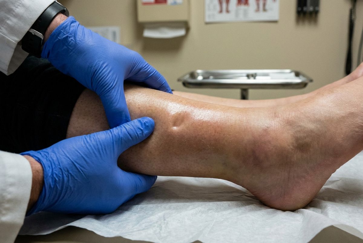 Subject: close-up of a real (or realistic stock) lower leg and ankle showing visible pitting edema — skin taut, swollen,