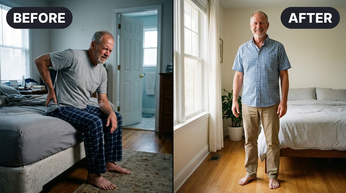 A single WIDE HORIZONTAL 16:9 image split by ONE clean vertical centre line into two candid iPhone-style photos of the S