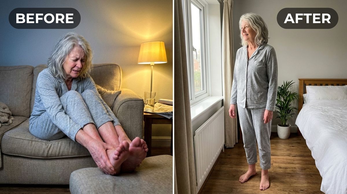 A WIDE HORIZONTAL 16:9 before-and-after image split by ONE clean vertical line down the centre, both halves candid amate