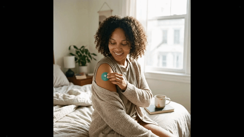 Lifestyle shot or short video of a woman applying the patch to her arm or stomach in a bright, everyday setting (kitchen