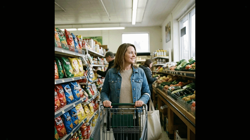 Relatable grocery store or kitchen scene — a woman looking satisfied while shopping or passing on a snack. Should feel l