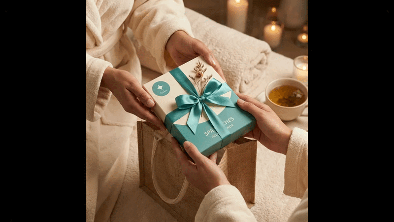 Gifting moment — patch box or packaging presented as a gift (ribbon, gift bag, or handed between two people). Reads as "