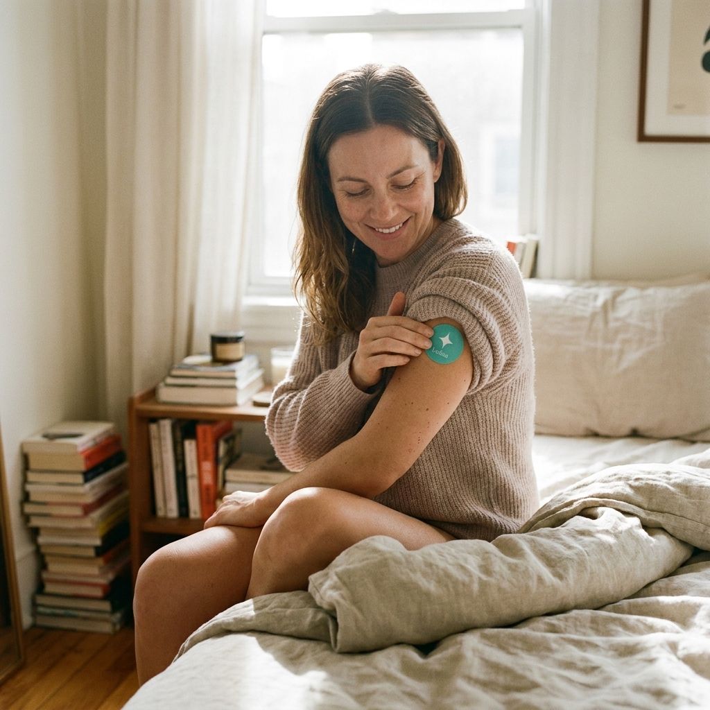 Lifestyle shot or short video of a woman applying the patch to her arm or stomach in a bright, everyday setting (kitchen