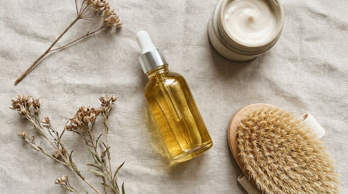 [IMAGE PROMPT — Hero]: "Flat lay of skincare essentials including a glass body oil bottle, on a light neutral surface, s