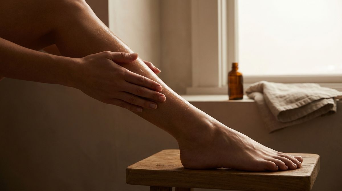 [IMAGE PROMPT — Application Shot]: "Close-up of a hand massaging body oil into skin on a leg, soft bathroom lighting, re