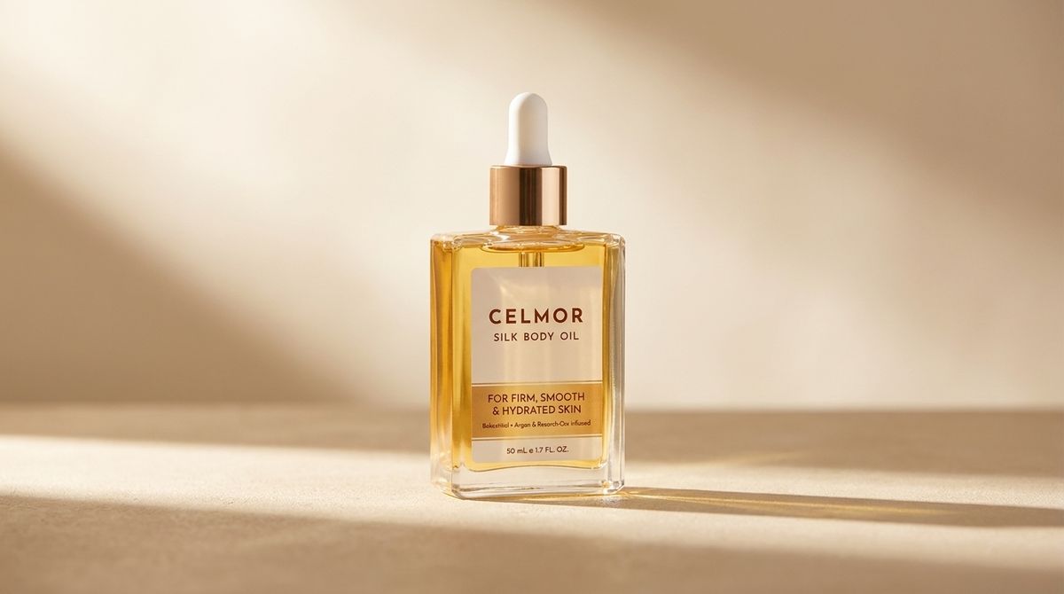 [IMAGE PROMPT — Product Shot]: "Clean studio product photography of a minimalist glass body oil bottle with a dropper ca