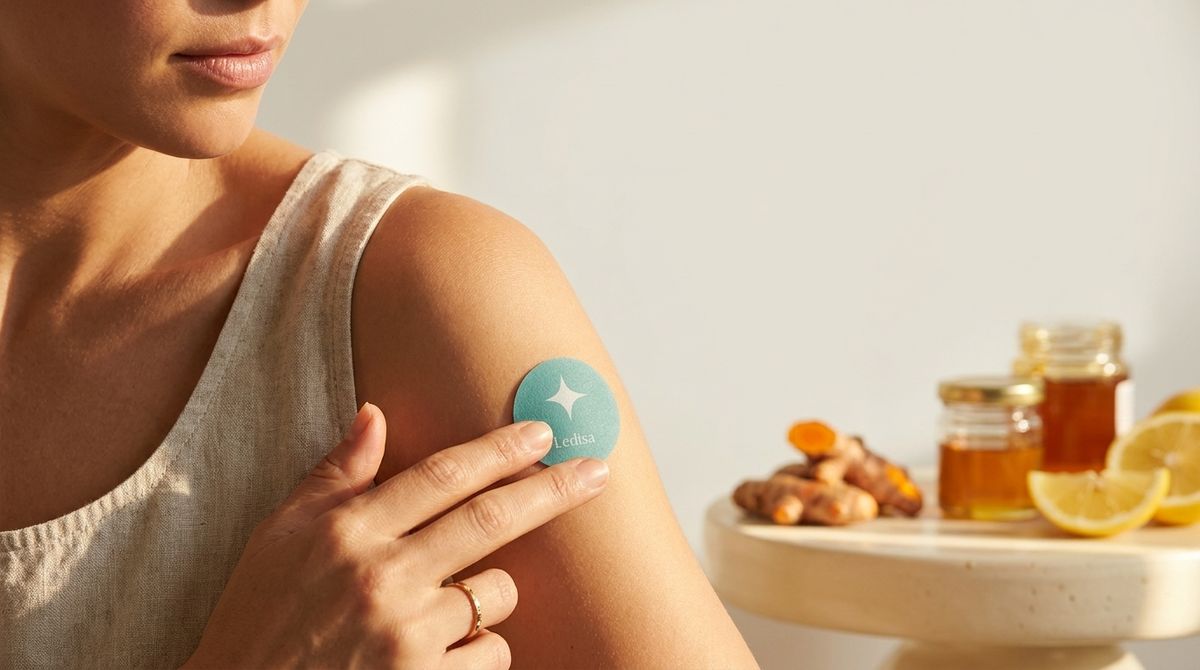 "Editorial product photography for the Ledisa brand, bright and vibrant wellness aesthetic. A woman's shoulder and upper
