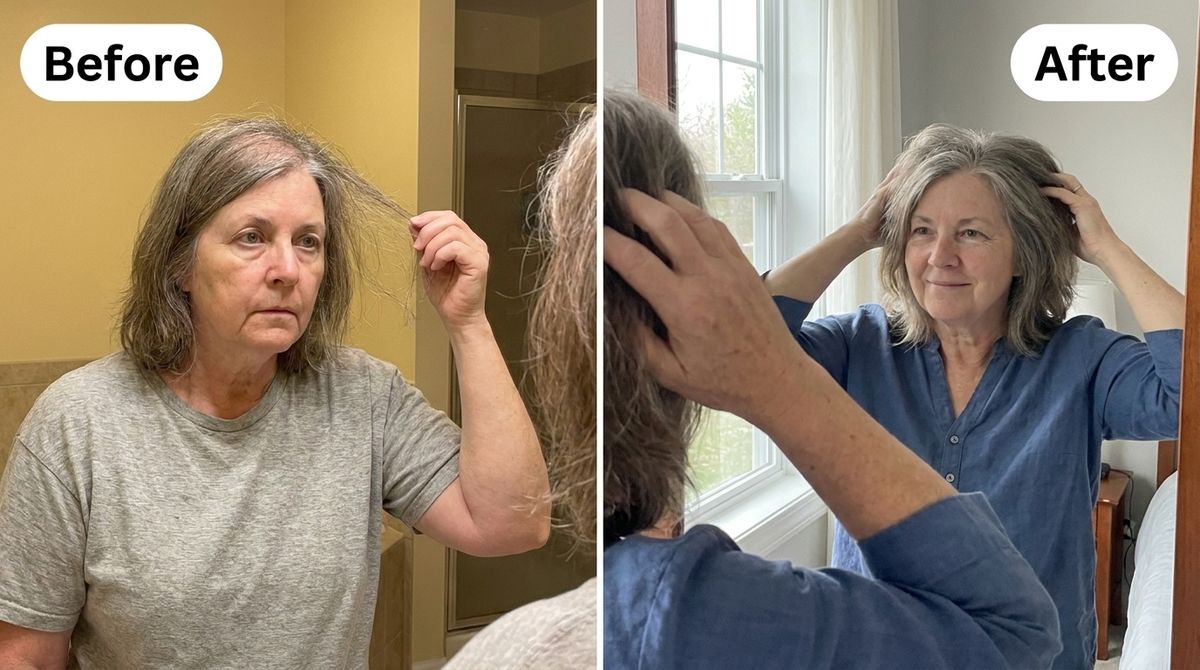 Swap the before and after of leg swelling, to image of before and after of same women just checking out her hair density