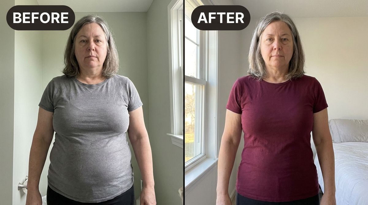 ONE wide horizontal 16:9 image split into two halves by a clean vertical dividing line, a candid before-and-after of the