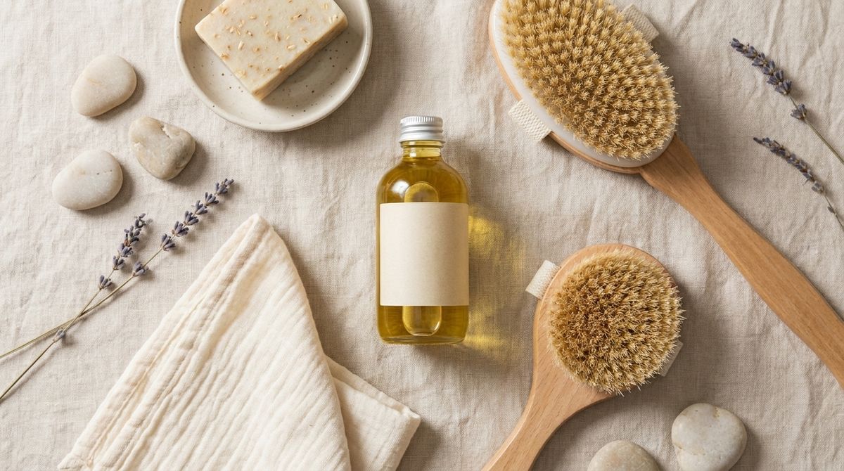 "Flat lay of skincare essentials including a glass body oil bottle, on a light neutral surface, soft natural light, mini
