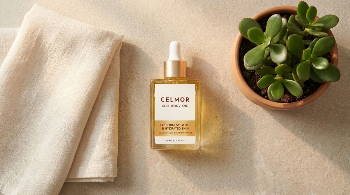 Flat lay of a body oil bottle next to a folded towel and a small plant, soft morning light, minimalist editorial beauty 