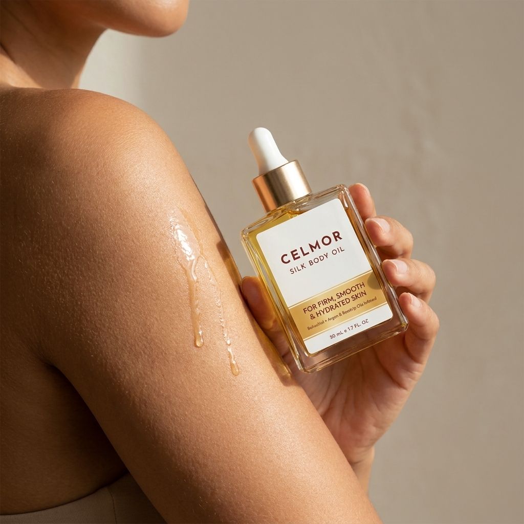 Close-up lifestyle photograph, a woman's hand holding a matte glass CELMOR Silk Body Oil bottle near her bare upper arm,