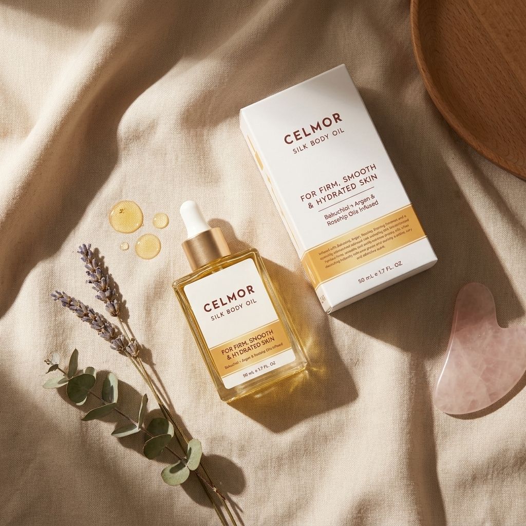 Overhead flatlay photograph, a CELMOR Silk Body Oil bottle and its branded outer box arranged on soft draped beige linen