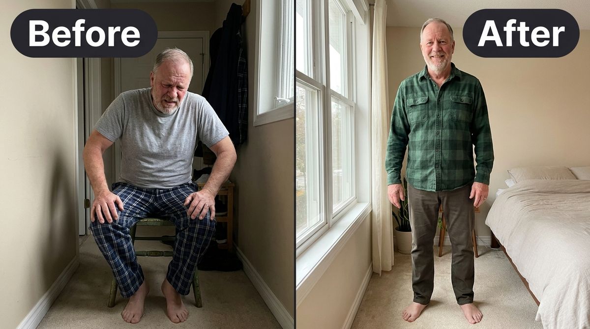 A single WIDE HORIZONTAL 16:9 before-and-after image split by ONE clean vertical divider line down the exact centre, bot