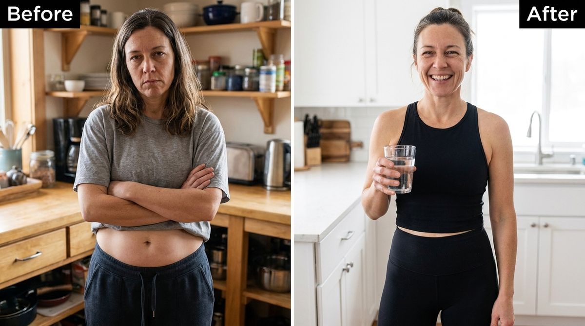 make a before and after of 40 year old women, on the left she should have a little bit of belly and a little fatter phys