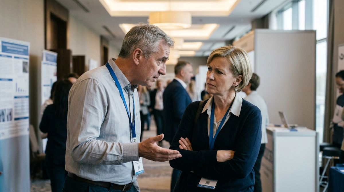  Editorial photojournalism. Two physicians in their 50s–60s in a hotel conference corridor at a medical congress, lanyar