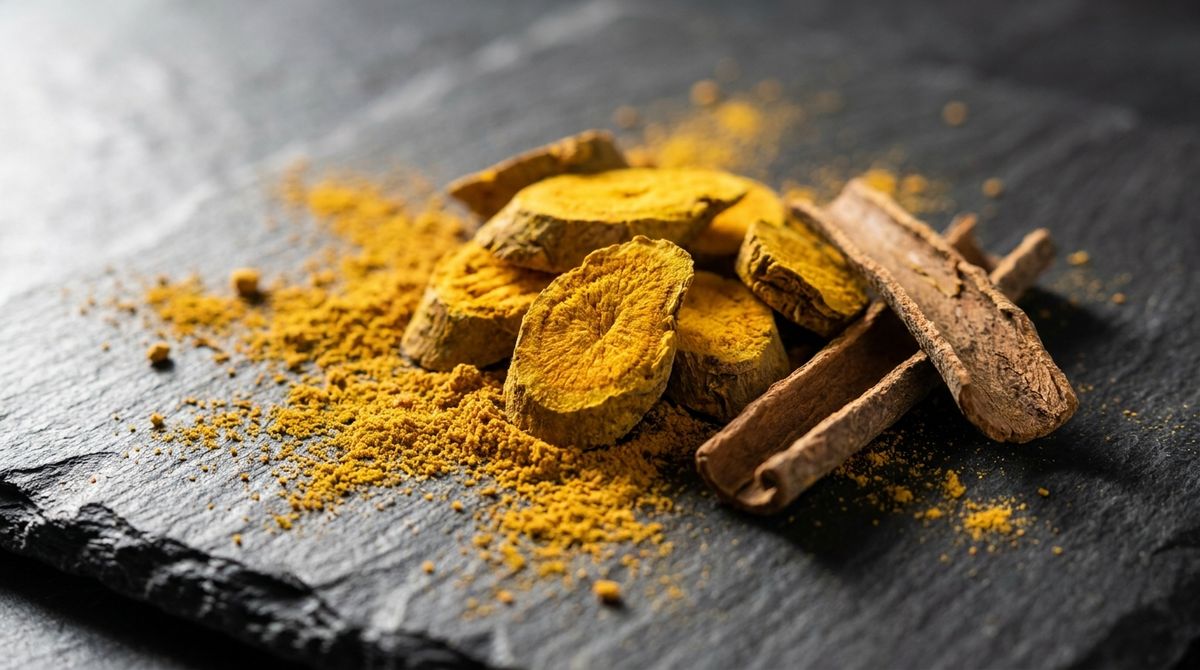 Square 1:1 botanical macro. Berberine root — vivid yellow-orange cut root pieces and golden powder on a dark slate surfa