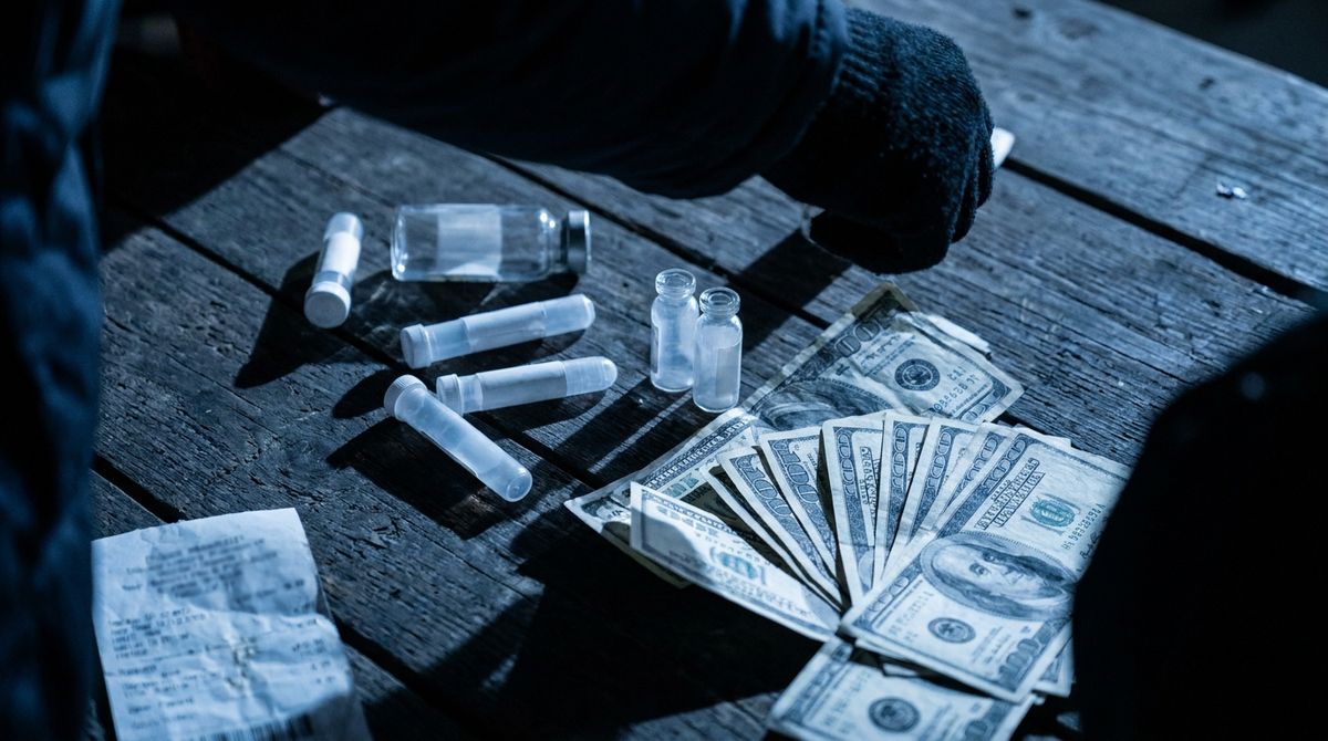 Wide 16:9, moody editorial still life. US hundred-dollar bills fanned across a dark surface with disposable injection pe