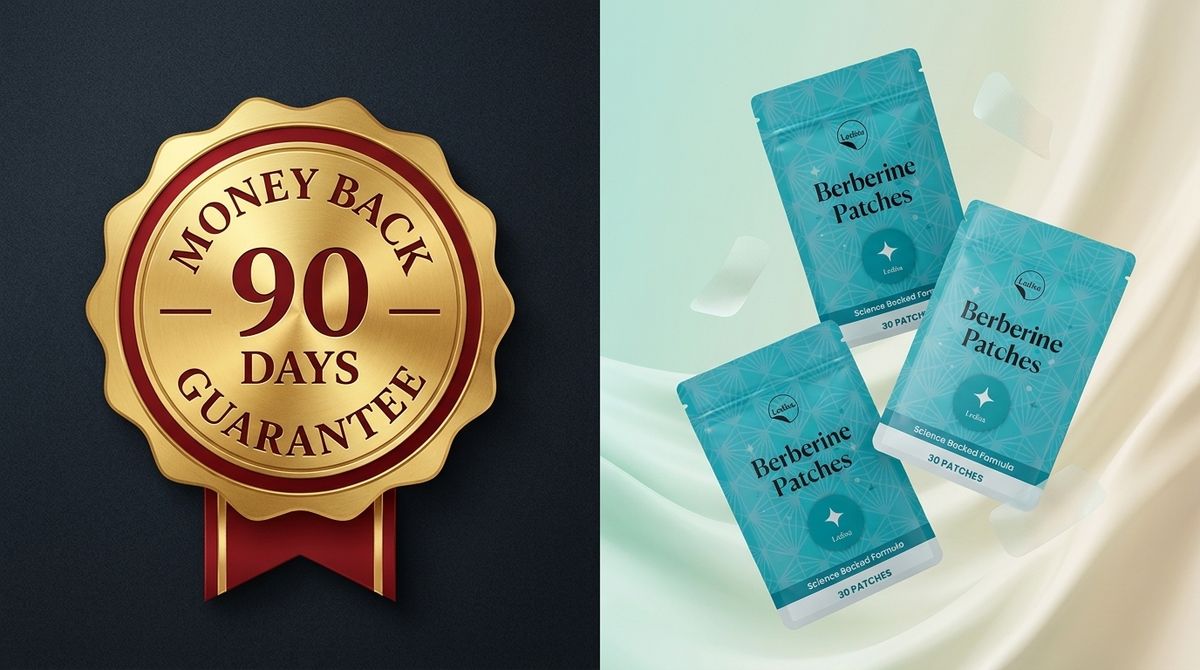 Left: large gold-and-red 'MONEY BACK — 90 DAYS — GUARANTEE' seal on a deep charcoal background. Right: three Ledisa Berb