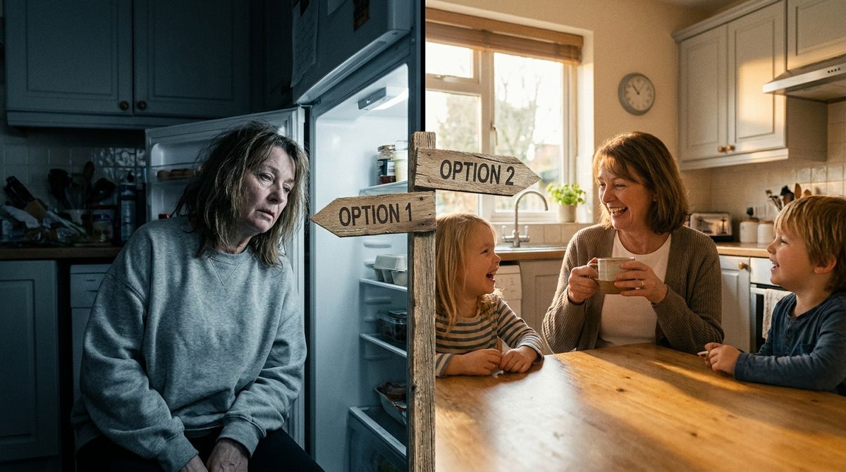 Wide 16:9, split-screen conceptual. Left half, cool blue-grey: a woman in her 60s in an oversized sweatshirt standing in