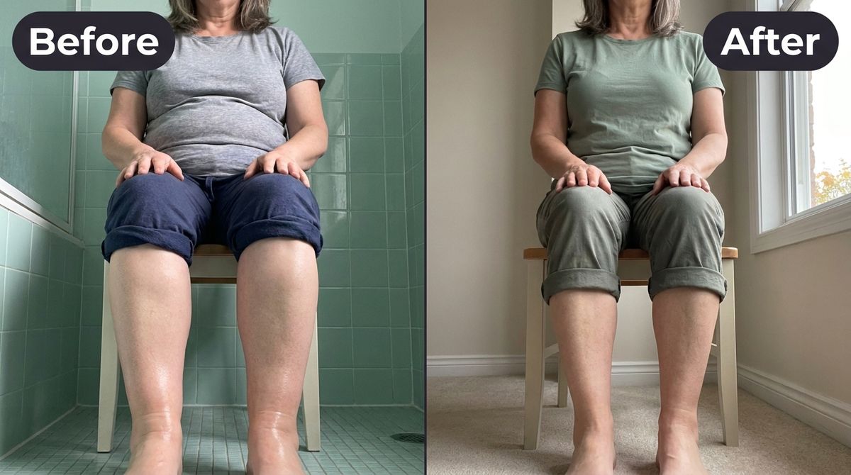A single WIDE HORIZONTAL 16:9 image split by ONE clean vertical centre line into two photos of the SAME woman taken week