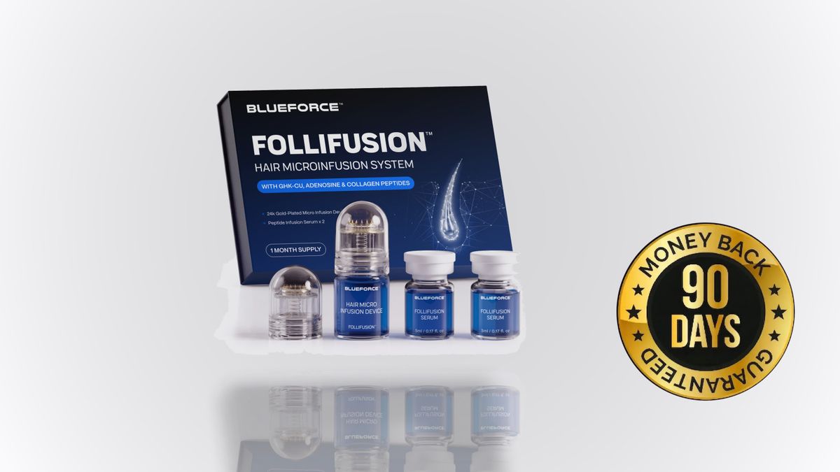 A magazine-quality hero product still-life of the real BlueForce Follifusion Micro-Infusion System, rendered faithfully 